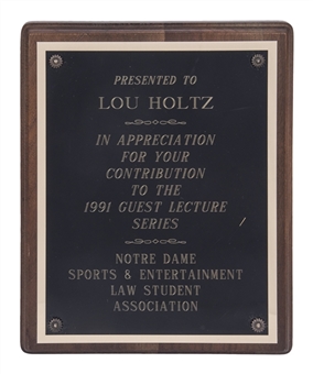 1991 Lou Holtz Appreciation Plaque Presented By The Notre Dame Sports and Entertainment Law Student Association (Holtz LOA)
